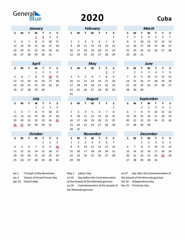 2020 Calendar for Cuba with Holidays