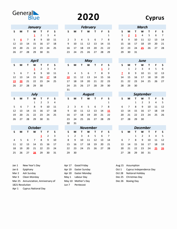 2020 Calendar for Cyprus with Holidays