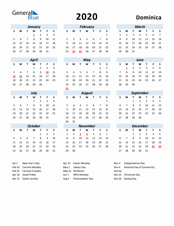 2020 Calendar for Dominica with Holidays