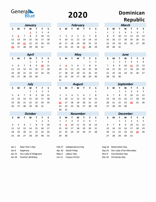 2020 Calendar for Dominican Republic with Holidays