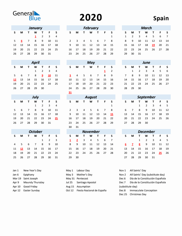 2020 Calendar for Spain with Holidays