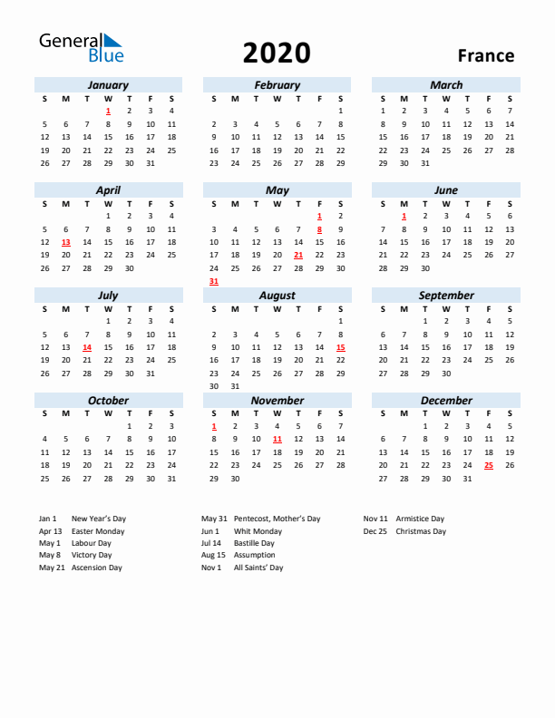 2020 Calendar for France with Holidays