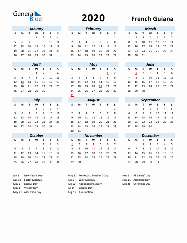 2020 Calendar for French Guiana with Holidays