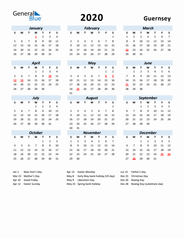 2020 Calendar for Guernsey with Holidays