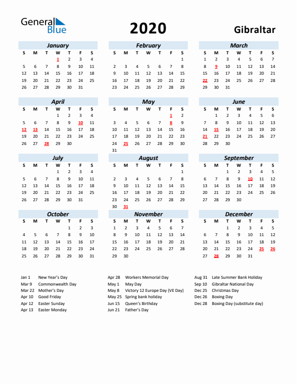 2020 Calendar for Gibraltar with Holidays