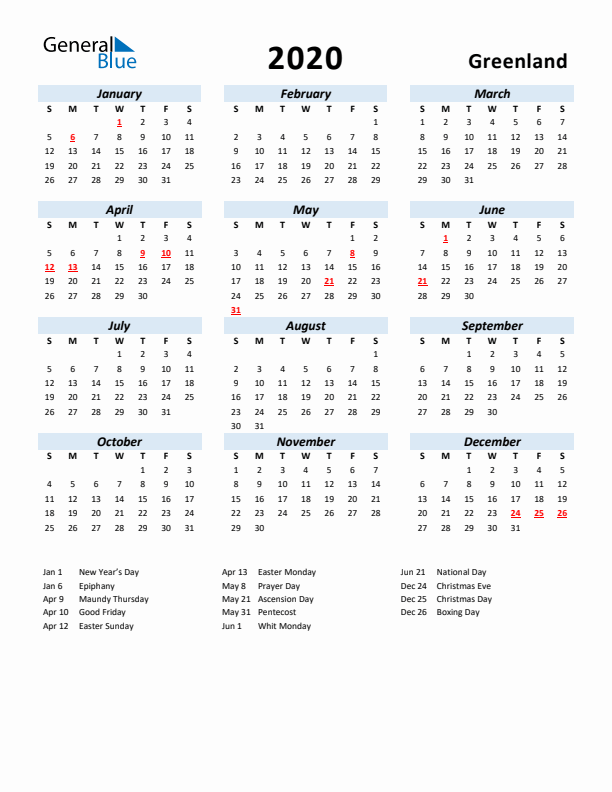 2020 Calendar for Greenland with Holidays