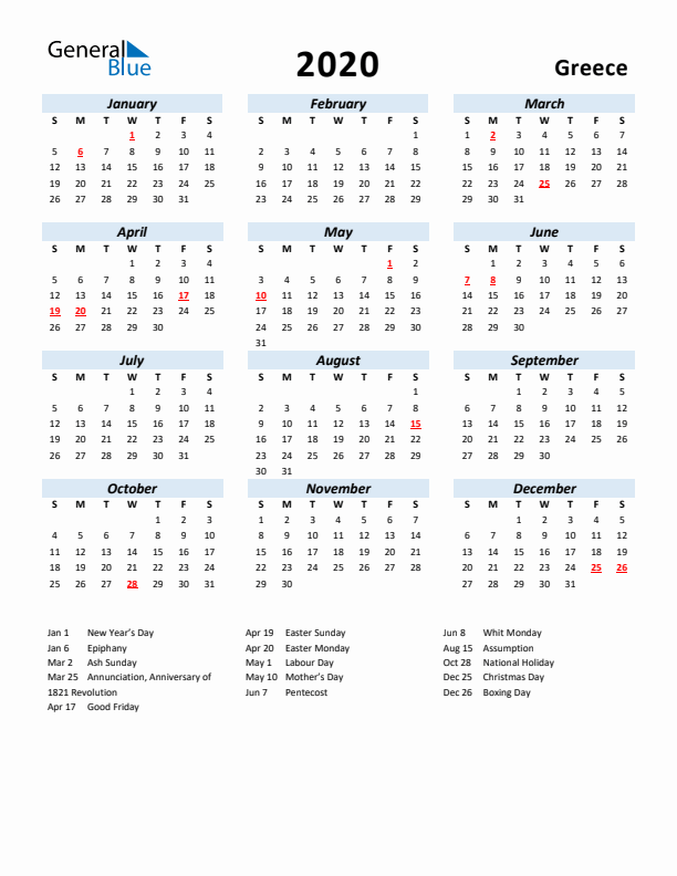 2020 Calendar for Greece with Holidays