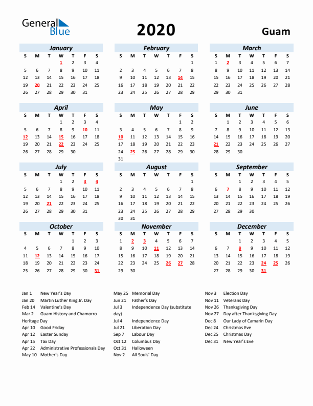 2020 Calendar for Guam with Holidays