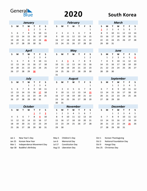 2020 Calendar for South Korea with Holidays