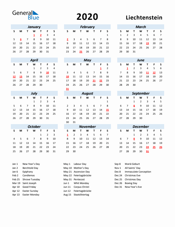 2020 Calendar for Liechtenstein with Holidays