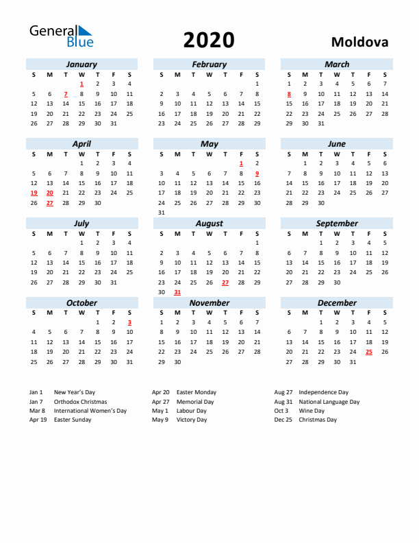 2020 Calendar for Moldova with Holidays