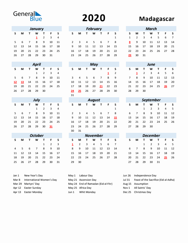 2020 Calendar for Madagascar with Holidays