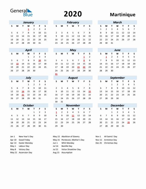 2020 Calendar for Martinique with Holidays