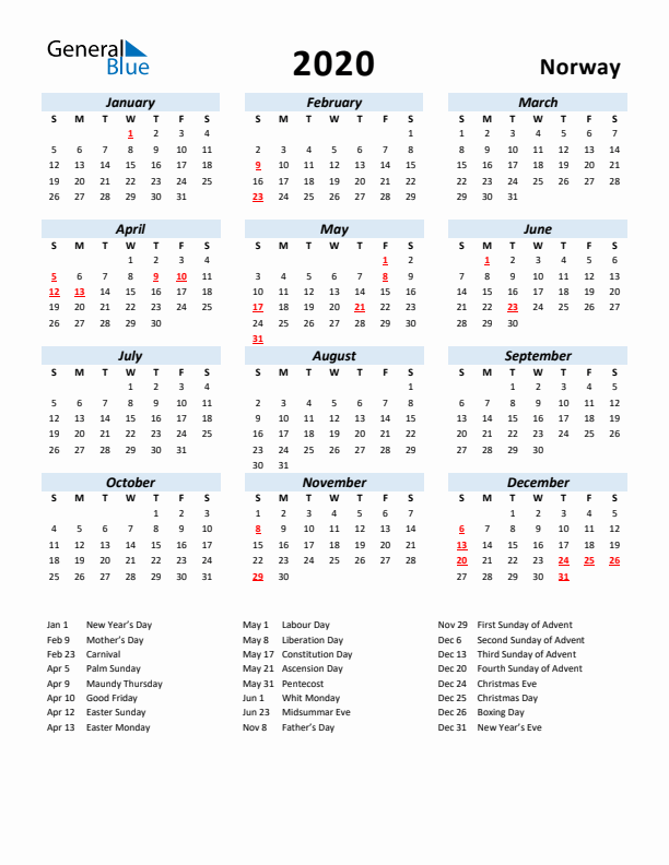 2020 Calendar for Norway with Holidays