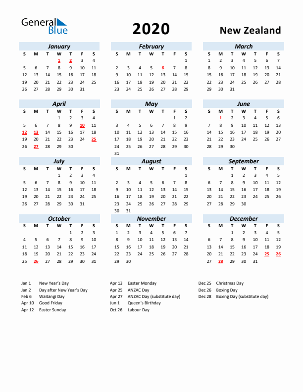 2020 Calendar for New Zealand with Holidays