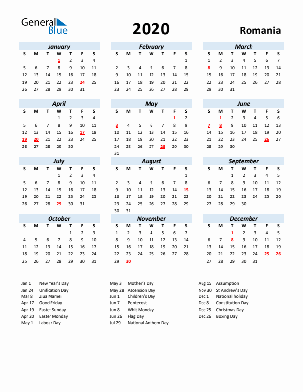 2020 Calendar for Romania with Holidays