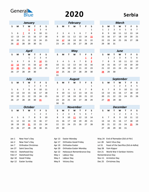 2020 Calendar for Serbia with Holidays