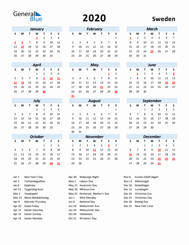 2020 Calendar for Sweden with Holidays