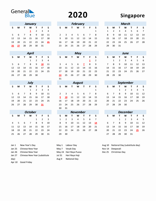 2020 Calendar for Singapore with Holidays