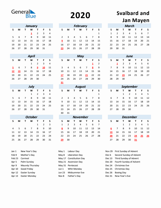 2020 Calendar for Svalbard and Jan Mayen with Holidays