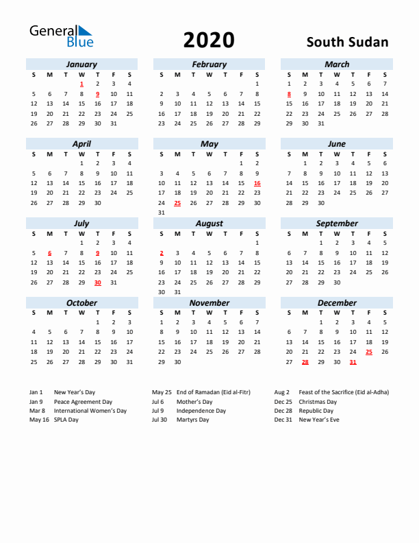 2020 Calendar for South Sudan with Holidays