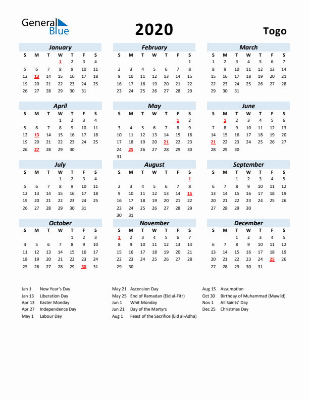 2020 Calendar for Togo with Holidays