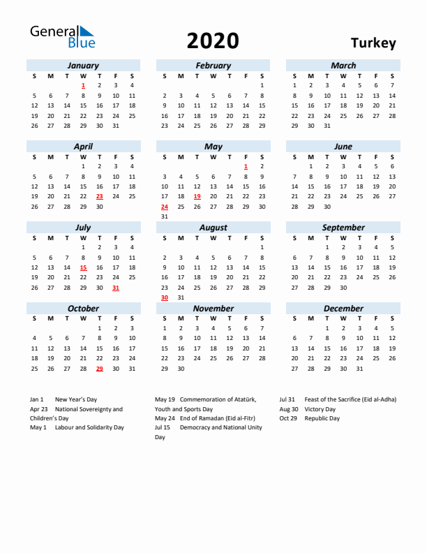 2020 Calendar for Turkey with Holidays