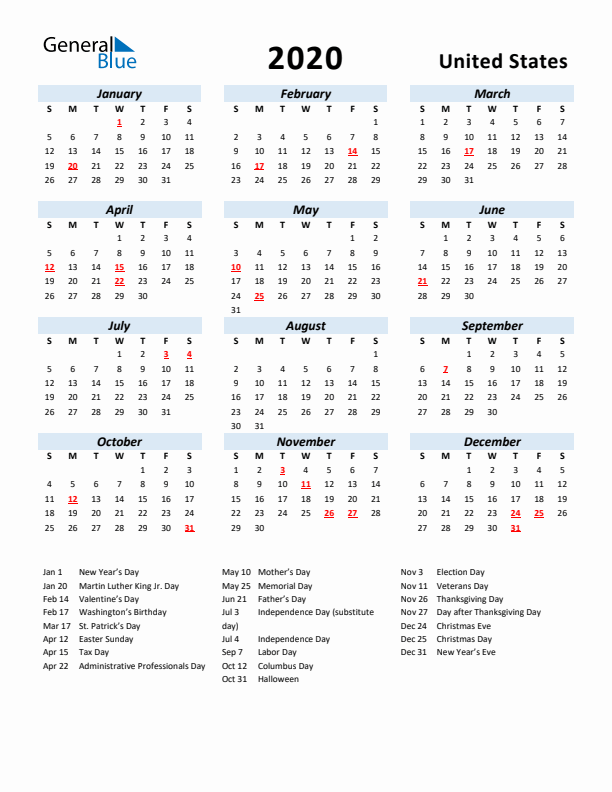 2020 Calendar for United States with Holidays