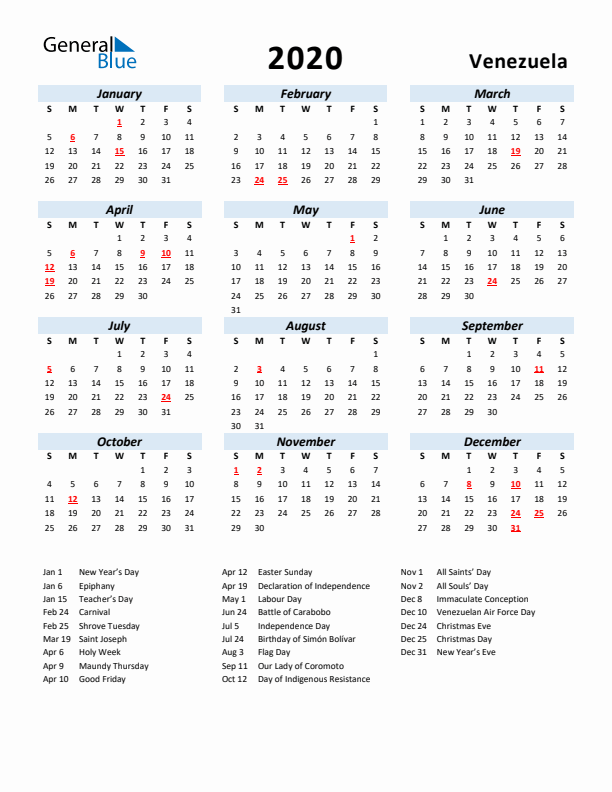 2020 Calendar for Venezuela with Holidays