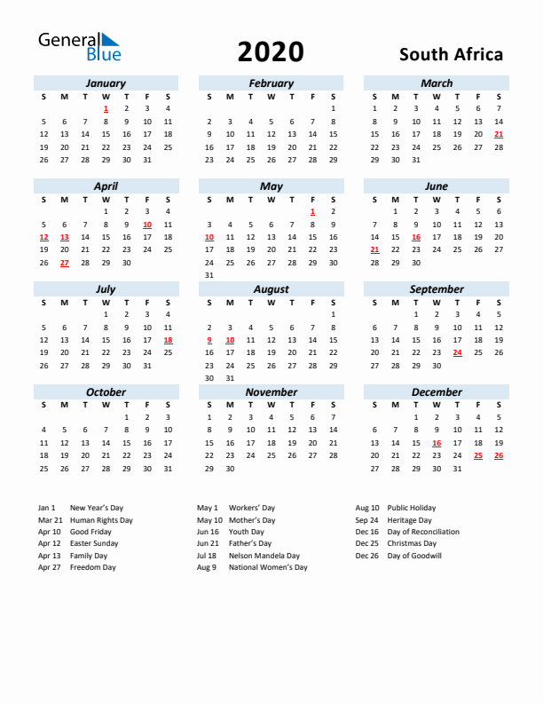 2020 Calendar for South Africa with Holidays