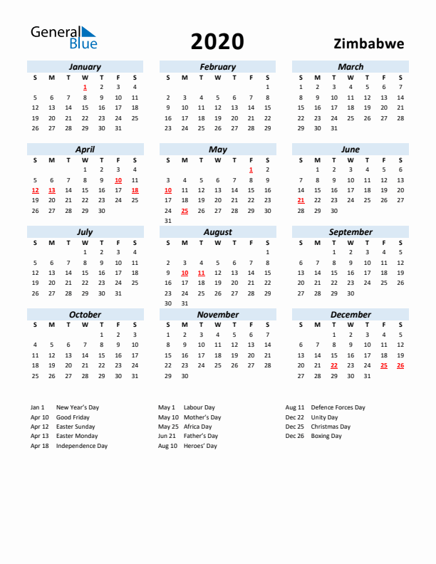 2020 Calendar for Zimbabwe with Holidays