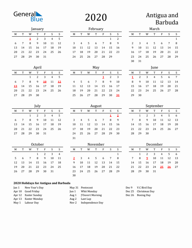 Antigua and Barbuda Holidays Calendar for 2020