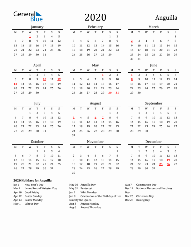 Anguilla Holidays Calendar for 2020