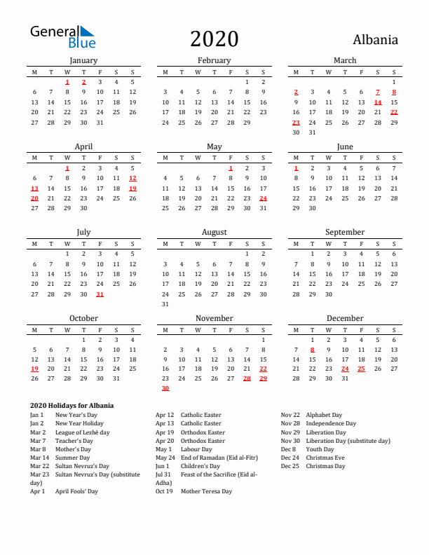 Albania Holidays Calendar for 2020