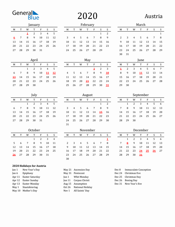 Austria Holidays Calendar for 2020