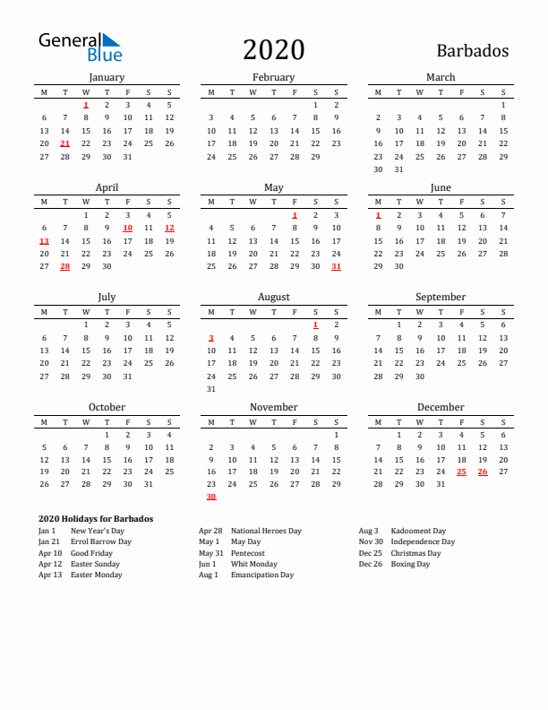 Barbados Holidays Calendar for 2020