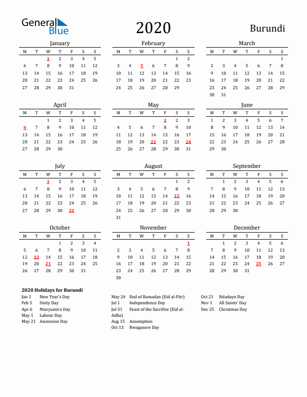 Burundi Holidays Calendar for 2020