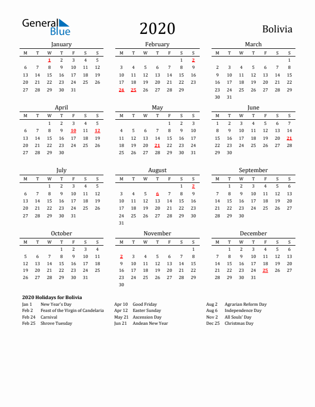 Bolivia Holidays Calendar for 2020