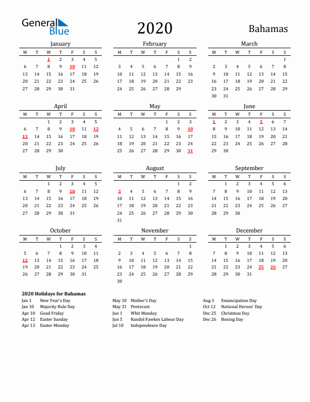 Bahamas Holidays Calendar for 2020