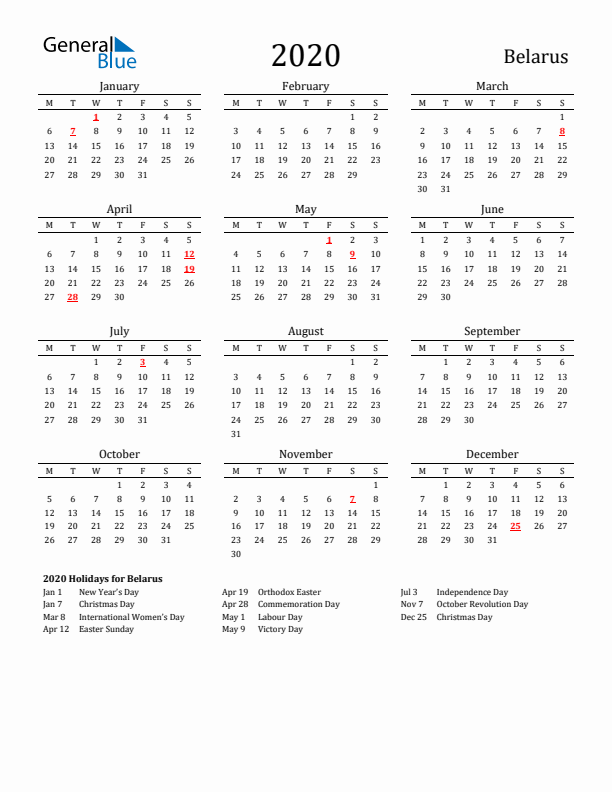 Belarus Holidays Calendar for 2020