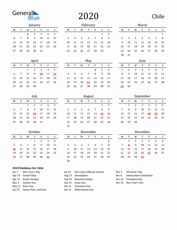 Chile Holidays Calendar for 2020