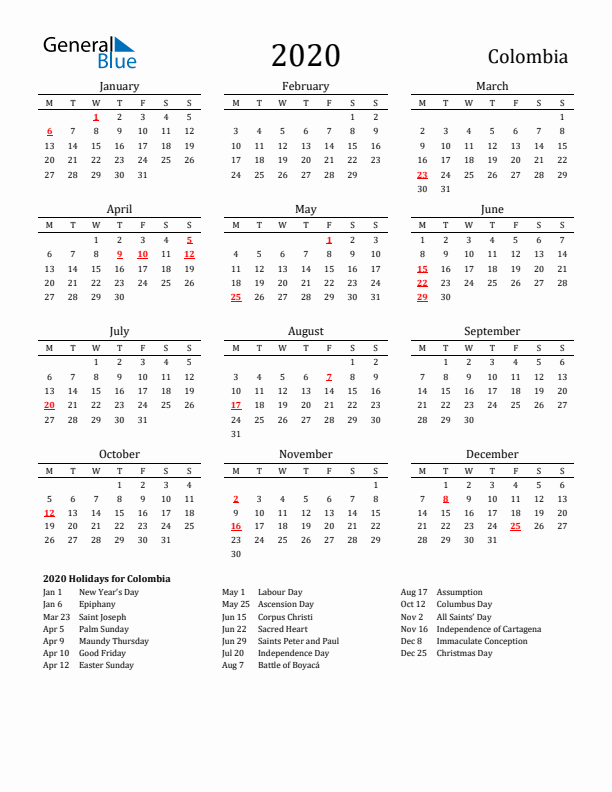 Colombia Holidays Calendar for 2020