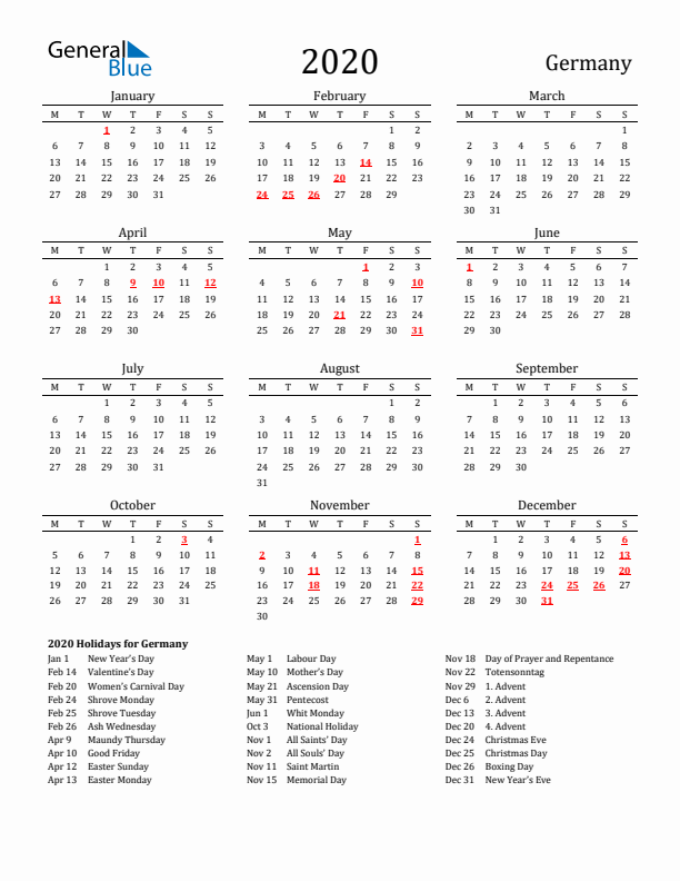 Germany Holidays Calendar for 2020