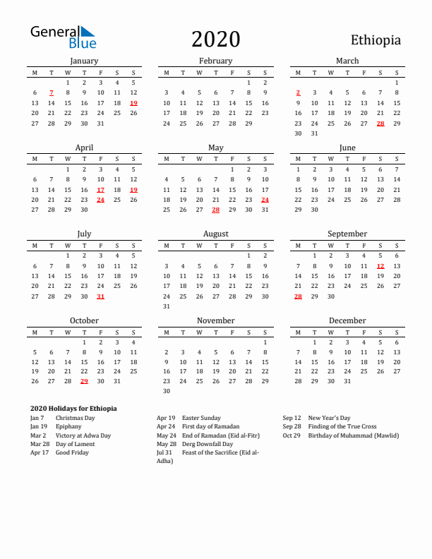 Ethiopia Holidays Calendar for 2020