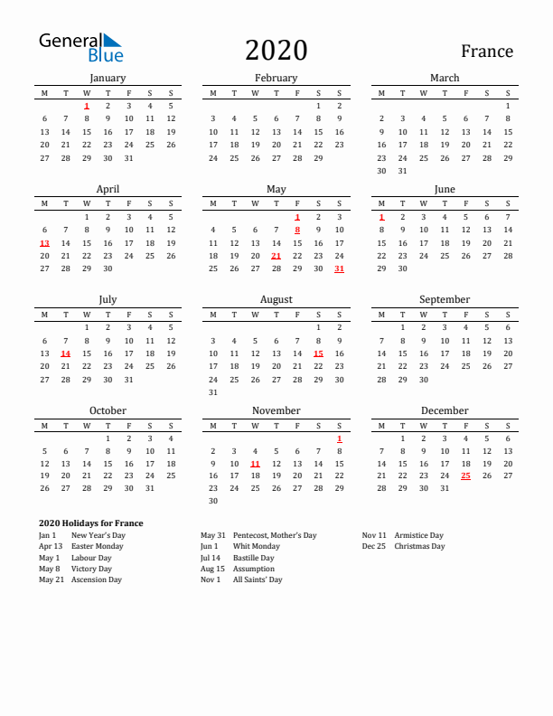 France Holidays Calendar for 2020