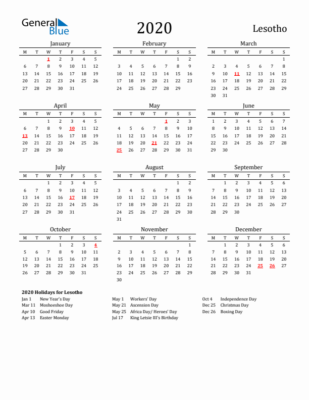 Lesotho Holidays Calendar for 2020