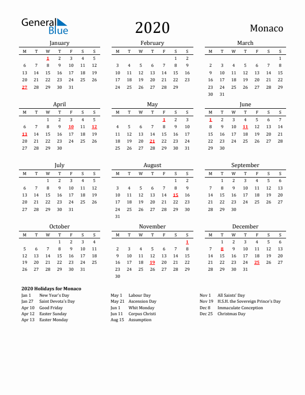 Monaco Holidays Calendar for 2020