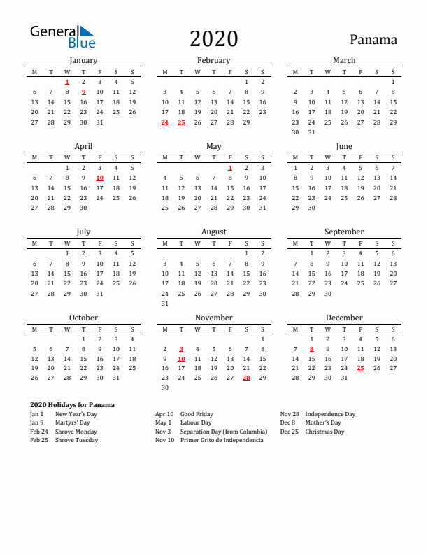 Panama Holidays Calendar for 2020