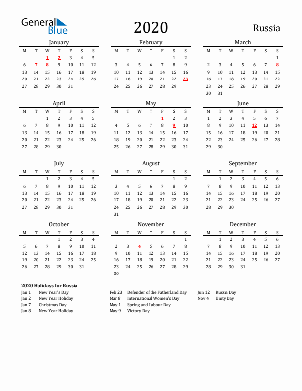 Russia Holidays Calendar for 2020