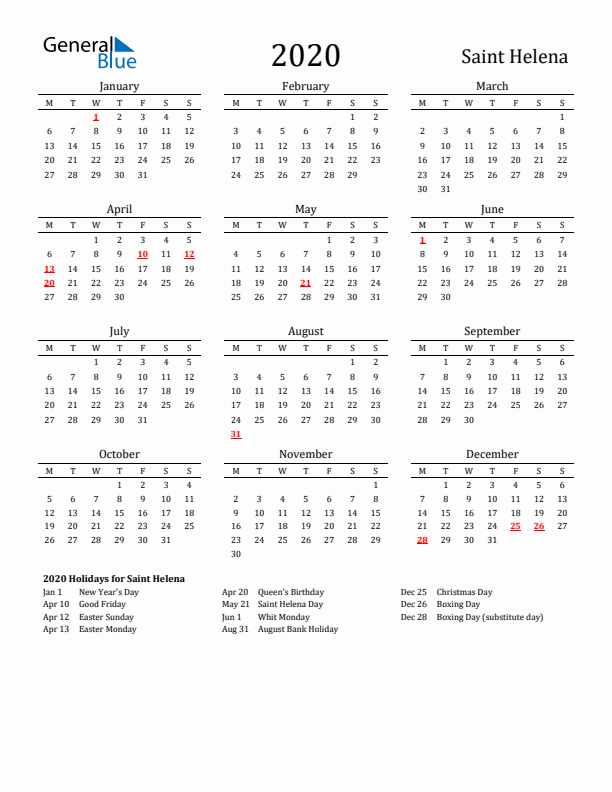 Saint Helena Holidays Calendar for 2020